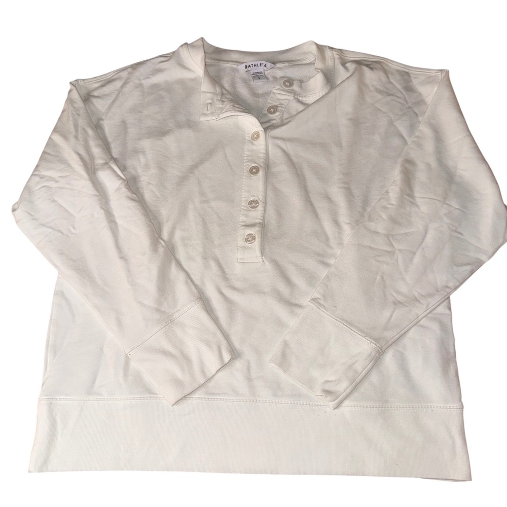 Athleta Henley Sweatshirt Small White Button Neck Long Sleeve Ribbed Fleece Top